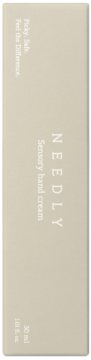 Needly Sensory Hand Cream, beżowe, prostokątne opakowanie 30 ml z pionowym napisem, widok z przodu.