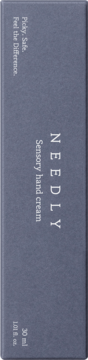 Krem do rąk Needly Sensory, ciemnoszary kartonik 30ml z pionowym logo i hasłem "Picky. Safe." z przodu.