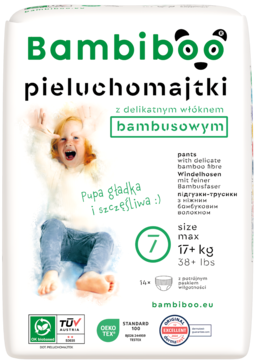 Bambiboo pieluchomajtki bambusowe rozmiar 7, białe opakowanie z uśmiechniętym dzieckiem, widok z przodu.
