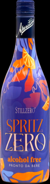 Granatowa butelka Stillzero Spritz Zero alcohol free, z przodu, kolorowy wzór pomarańczy i liści.