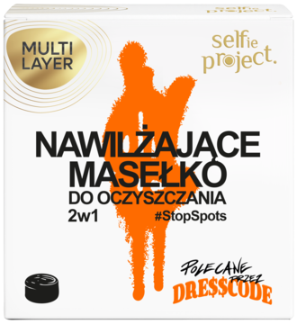 Białe pudełko Selfie Project nawilżające masełko do oczyszczania 2w1, z pomarańczową grafiką i napisem #StopSpots.