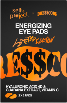Czarne opakowanie Selfie Project x Dresscode Energizing Eye Pads, Limited Edition, z kwasem hialuronowym.