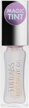 Przezroczysta butelka olejku do ust Tuli Labs Essential Lip Oil z napisem MAGIC TINT na fioletowej etykiecie. Widok z przodu.