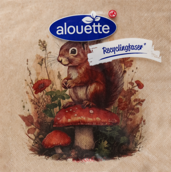 Alouette serwetki papierowe z wiewiórką na grzybie, brązowe opakowanie z recyklingu, widok z przodu.