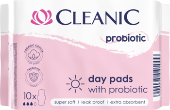 Różowo-białe opakowanie podpasek Cleanic Probiotic Day Pads, z logiem Cleanic i ikonami cech produktu.