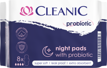 Granatowe opakowanie Cleanic podpasek nocnych probiotycznych, 8 sztuk, z logo i księżycem, super miękkie, widok z przodu.