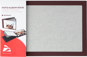 Bordowy PhotoBook 10x15 Odklej/Przyklej w biało-bordowym opakowaniu detalicznym, widok z przodu.