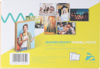 Tył opakowania Peel & Stick Bamboo Panel 10x15, żółto-białe, z widokiem panelu, przykładowymi zdjęciami i kodem kreskowym.
