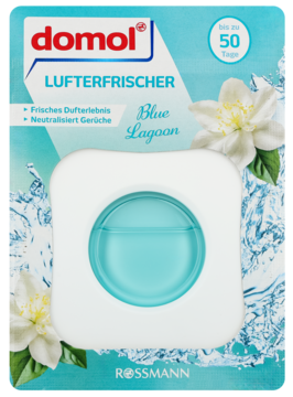 domol odświeżacz Blue Lagoon, opakowanie niebiesko-białe z kwiatami, widok z przodu, turkusowy wkład neutralizuje zapachy.