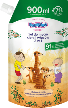 Bambino Dzieciaki żel 2w1, saszetka uzupełniająca 900ml, rysunek dzieci i surykatek, zielona góra.