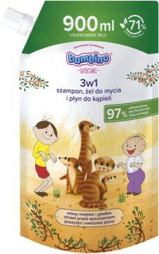 Bambino Dzieciaki 3w1 szampon, żel i płyn 900ml w zielono-beżowej saszetce, widok z przodu, z dziećmi i surykatkami.