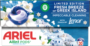 Opakowanie Ariel All-in-1 PODS Fresh Breeze of Greek Island, z kwiatami jaśminu i domami greckimi.