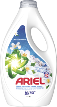 Biała, ergonomiczna butelka płynu do prania Ariel Fresh Breeze of Greek Island, edycja limitowana, widok z przodu.