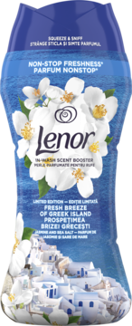 Lenor Fresh Breeze Of Greek Island perełki zapachowe, niebieska butelka z jaśminem i greckimi domkami, przód.