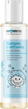 Momme szampon z odżywką dla dzieci, biała butelka z niebieską etykietą, widok z przodu, z rysunkiem dziecka.