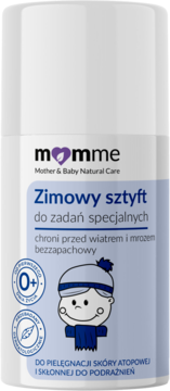 Biały sztyft Momme Zimowy chroniący przed mrozem i wiatrem, bezzapachowy, dla wrażliwej skóry dzieci, widok z przodu.