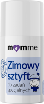 MomMe Zimowy sztyft do zadań specjalnych, białe opakowanie z niebieską etykietą i grafiką dziecka.