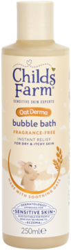 Childs Farm Oat Derma bubble bath 250ml, kremowa butelka, bezzapachowy płyn na suchą, wrażliwą skórę, widok z przodu.