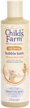 Childs Farm Oat Derma bubble bath 250ml, kremowa butelka, bezzapachowy płyn na suchą, wrażliwą skórę, widok z przodu.