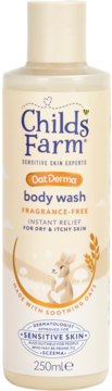 Childs Farm Oat Derma body wash 250ml, beżowa butelka, bezzapachowy, dla suchej skóry z owsem, frontalnie.