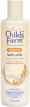 Childs Farm Oat Derma bath milk 250ml, white bottle with bunny & oats, fragrance-free for sensitive skin.