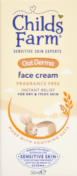Childs Farm Oat Derma krem do twarzy 50ml. Beżowe opakowanie z królikiem, bezzapachowy, do wrażliwej skóry, widok z przodu.