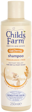 Beżowy szampon Childs Farm Oat Derma 250ml dla wrażliwej skóry, na suchy/swędzący skalp, widok z przodu.