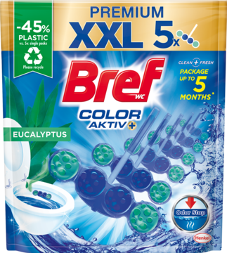 Bref WC Color Aktiv+ XXL Eucalyptus, niebiesko-zielone opakowanie z toaletą i aktywnymi kulkami czyszczącymi.