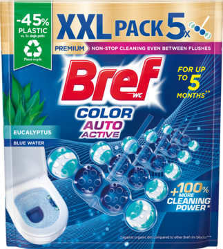 Niebieskie opakowanie Bref WC Color Auto Active Eucalyptus 5x XXL, zawieszka do toalety z niebieską wodą, przód.