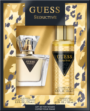 Guess Seductive zestaw prezentowy dla kobiet z perfumami EDT i mgiełką zapachową w czarno-złotym opakowaniu, widok z przodu.