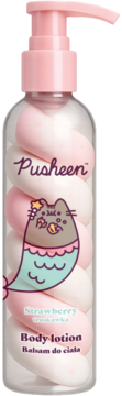 Pusheen balsam do ciała truskawkowy, butelka z różową pompką, spiralny krem, postać syrenki, widok z przodu.