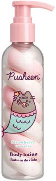 Pusheen balsam do ciała truskawkowy, butelka z różową pompką, spiralny krem, postać syrenki, widok z przodu.