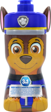 Paw Patrol Chase 3w1 szampon, żel i odżywka, butelka w kształcie psa, niebieska czapka policyjna.