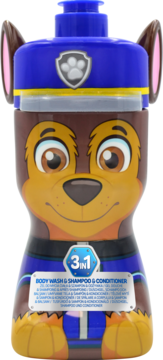 Paw Patrol Chase 3w1 szampon, żel i odżywka, butelka w kształcie psa, niebieska czapka policyjna.