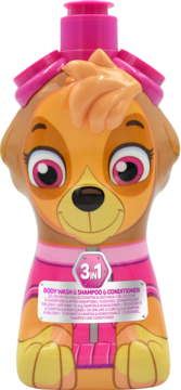 Paw Patrol Skye 3w1 szampon, odżywka i żel pod prysznic w pomarańczowo-różowej butelce z pompką, widok z przodu.