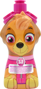 Paw Patrol Skye 3w1 szampon, odżywka i żel pod prysznic w pomarańczowo-różowej butelce z pompką, widok z przodu.