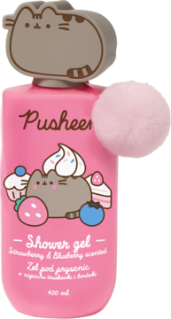 Różowy żel pod prysznic Pusheen 400ml, truskawka i borówka, widok z przodu, szara nakrętka 3D i różowy pompon.