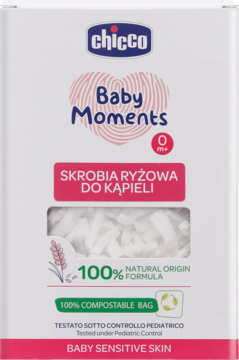 Front biało-różowego opakowania Chicco Skrobia Ryżowa do kąpieli 0m+, z okienkiem pokazującym płatki.