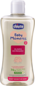 Oliwka do masażu Chicco Baby Moments, butelka 74% naturalna formuła z bawełną i wit. E, widok z przodu.