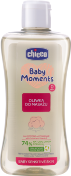 Oliwka do masażu Chicco Baby Moments, butelka 74% naturalna formuła z bawełną i wit. E, widok z przodu.
