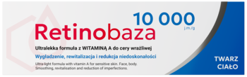 Opakowanie Retinobaza 10 000, krem z witaminą A do cery wrażliwej, biało-niebieskie, wygładzający, widok z przodu.