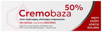 Cremobaza 50% mocznika, krem złuszczający do zrogowaciałej skóry pięt i stóp. Biała tubka, przód.