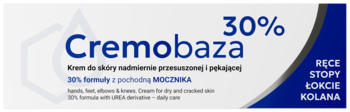 Cremobaza 30% mocznika krem do rąk, stóp, łokci, kolan, białe opakowanie z niebieską grafiką.
