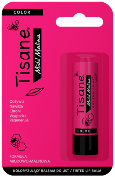 Różowe opakowanie balsamu Tisane Color Miód Malina, nawilżający koloryzujący balsam do ust, widok z przodu.