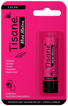 Różowe opakowanie balsamu Tisane Color Miód Malina, nawilżający koloryzujący balsam do ust, widok z przodu.