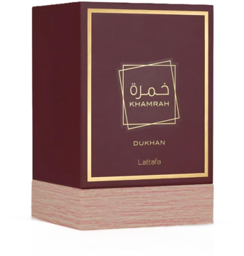 Woda perfumowana unisex Khamrah Dukhan Lattafa w burgundowym pudełku ze złotym logo, teksturowana podstawa.