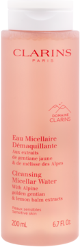 Clarins Cleansing Micellar Water, różowa butelka 200ml, z przodu, z ekstraktami goryczki i melisy dla cery wrażliwej.