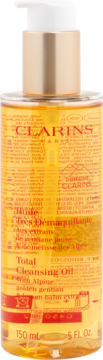 Clarins Total Cleansing Oil 150ml, przezroczysta butelka z olejkiem i złotą pompką, widok z przodu.