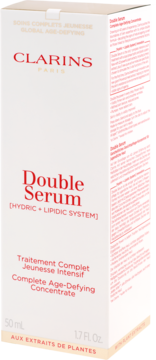 Clarins Double Serum, koncentrat przeciwstarzeniowy 50ml w białym kartoniku, widok z przodu i z boku.