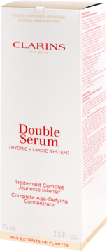 Białe pudełko Clarins Double Serum 75 ml z czerwonymi napisami, widok z przodu pod kątem, z boku tekst w pionie.
